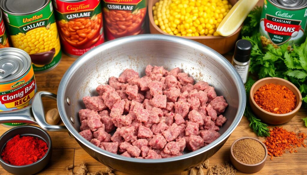 Ground beef, beans, corn, and Mexican seasonings