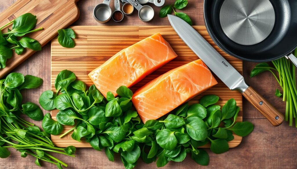 salmon spinach ingredients and tools